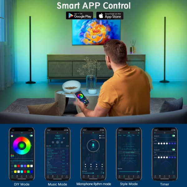 Buyya LED floor lamp living room, 125cm RGB floor lamp with remote control and APP, modern floor lamp dimmable with 16 million colours, music sync, DIY mode, lamp LED corner lamp for bedroom